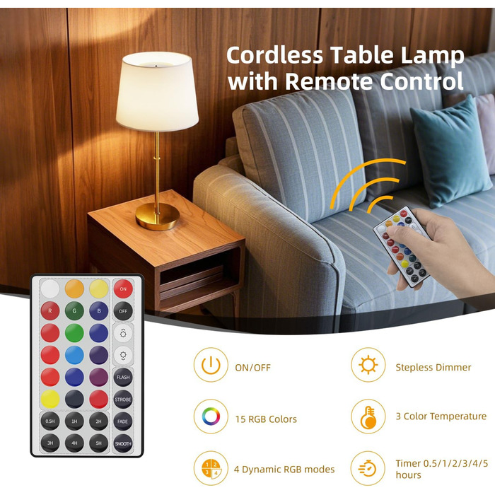 Бездротова настільна лампа з акумулятором 5000mAh, LED, сенсорне управління, RGB, з пультом, для спальні, вітальні, їдальні – (латунь)