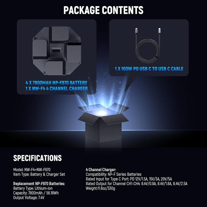 Зарядний пристрій NEEWER Micro USB для акумуляторів Sony NP-F550/F750/F960/F970, NP-FM50/FM70/FM90, QM71D, 91D, NP-F500H/F55H, 4-канальна зарядка з 4 акумуляторами