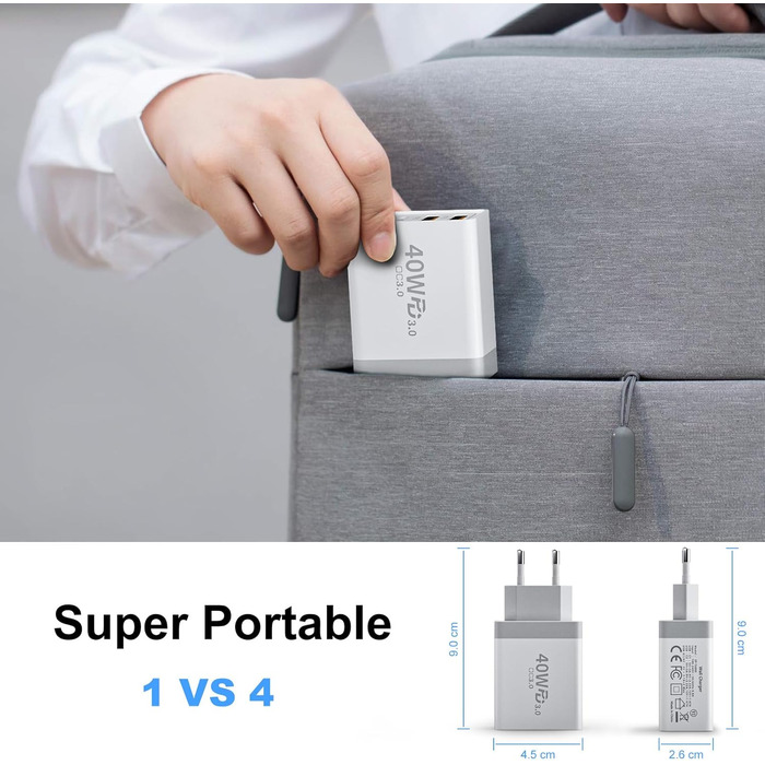 Мережевий зарядний пристрій 40W з 4 портами USB-C та USB-A (2 шт.) - для iPhone, iPad, Samsung, Tablet. Підтримка PD 3.0