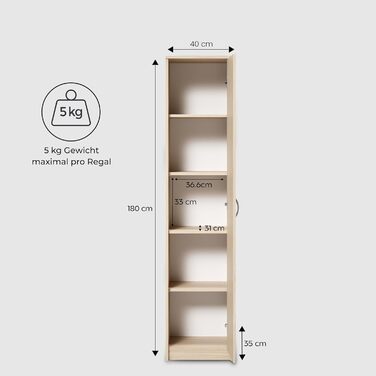 Bookshelf Wardrobe Shelf White 40cm wide 180cm high Cabinet Organizer Multi-purpose Cabinet with 4 adjustable shelves Filing cabinet Shelf Wall narrow Wood for bedroom Hallway Basement Office (Natural)
