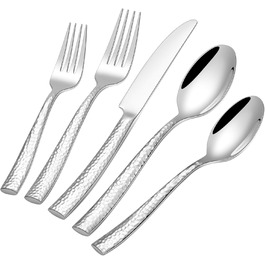 HONKKU 30-Piece Flatware Set, 6 People, Thickened Stainless Steel Cutlery Set with Hammered Handle, Eating Cutlery Set with Knife, Fork, Spoon, Mirror Polished, Dishwasher Safe
