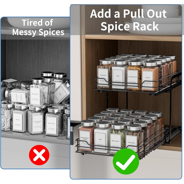 Висувна полиця для спецій у шафу, 2 яруси, регульована висота, чорний колір, органайзер для спецій, органайзер для кухні, розмір 23.8x26.4x23 см