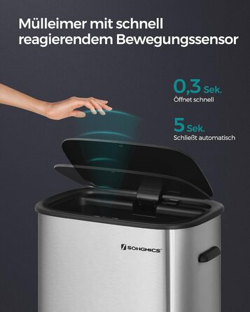 Відро для сміття SONGMICS з датчиком 50л, з м'яким закриттям, з нержавіючої сталі, з кільцем для пакетів, срібне (LTB610E50)