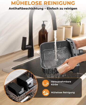 Аерофритюрниця WELLENT Dual Zone XXL 11л - 2950W з 2 камерами (6+6л), функцією Match & Sync, вікном огляду, таймером та можливістю миття в посудомийній машині