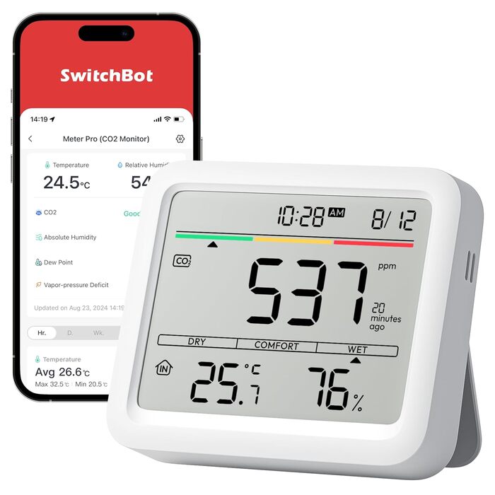 SwitchBot Indoor Hygrometer Thermometer, Temperature Sensor with Date/Weather Forecast/Smart Alert, Free Data Storage Export, SwitchBot Hub and Outdoor Meter required for Weather Station