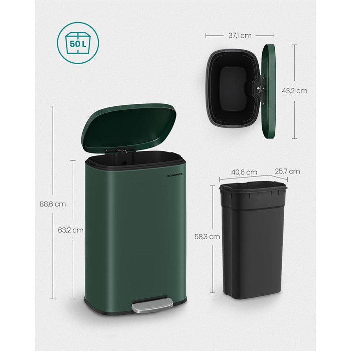 Відро для сміття SONGMICS 50 л, з педальним механізмом, сталеве, з м'яким закриттям, для кухні (Vintage Green)