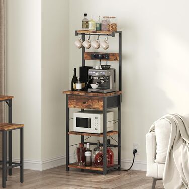 Стелаж кухонний з розетками, стелаж для пекаря, підлоговий стелаж, 34 x 48 x 139 см, стелаж для випічки з шухлядами, стелаж для мікрохвильової печі, 4 S-гачки, для кухні, вітальні, їдальні, коричневий та чорний ABRHR48UE01