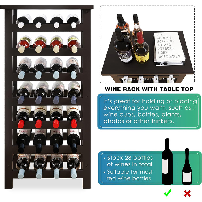 SMIBUY Bamboo Wine Rack, for 28 Bottles, 7 Tiers, Freestanding, for Kitchen, Pantry, Cellar, Bar (Black)