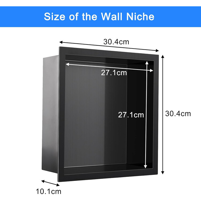 KINKIBOS Wall Niche Shower Stainless Steel, No Tiles Required, Recessed Shower Niche 30 x 30 x 10 cm, Shower Niche Single Shelf Storage Grey Black