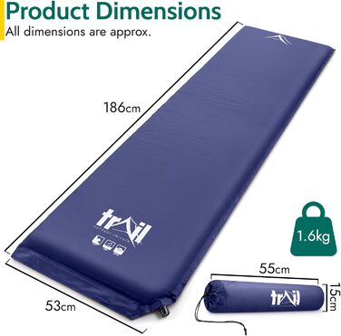 Trail Outdoor Self-Inflating Sleeping Pad - 5cm Thick Camping Mat - Blue