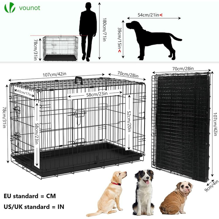 Клітка для собак VOUNOT, розкладний вольєр з кришкою, переноска для собак в авто, з подвійними дверцятами, 2 ручки для перенесення та знімний піддон, XXL 122x75x81 см, чорний. Розміри: 107x70x78 см (з кришкою), 122x75x81 см (без кришки)