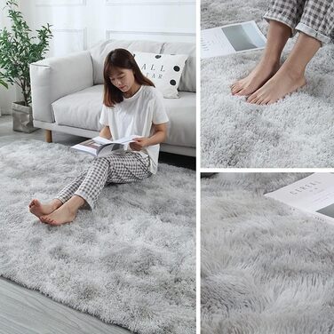 OYIMUA High Pile Rug 120x160 cm Grey White, Modern Fluffy Rug Living Room Children's Room Decor Bedroom Hallway Runner Outdoor Rug Faux Fur Shaggy Plain Bed Runner