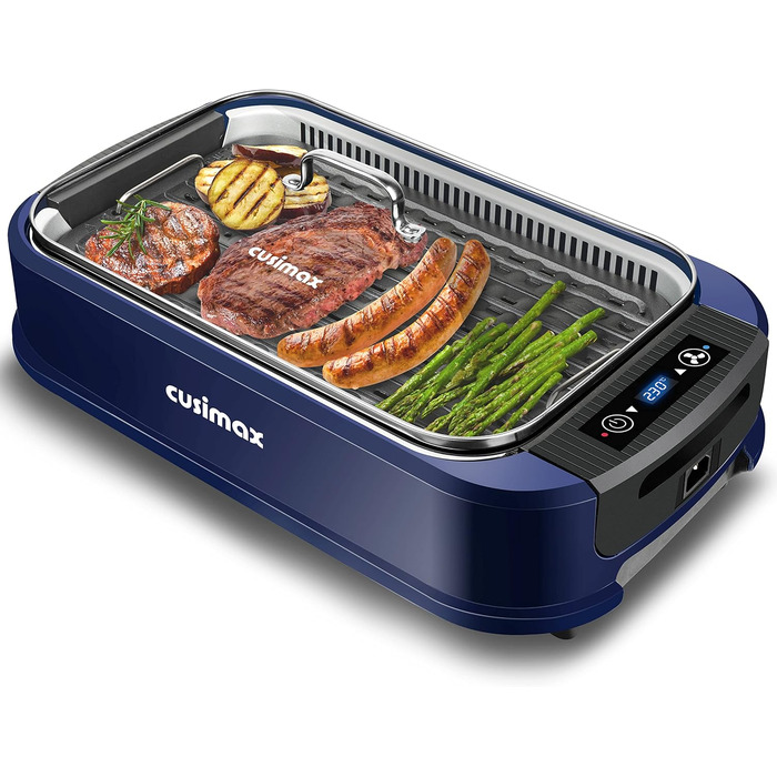 CUSIMAX Steak Grill | 1500W Table Grill Electric | BBQ Grill for Indoor and Outdoor Use | Electric Grill with Lid, Touchscreen Temperature Control, Oil Collection Tray, and Removable Grill Plate Blue