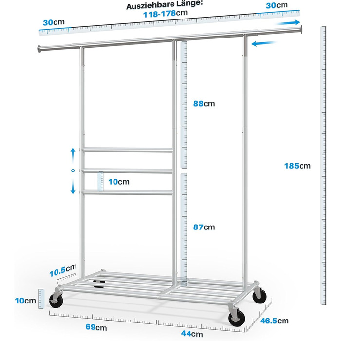 Стійка для одягу на колесах HOKEEPER, подвійна, вантажопідйомність до 283 кг