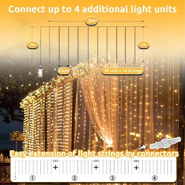 Лампочки-завіса 300 LED, 3x3м, різдвяне освітлення для вікна, з вилкою/таймером, 8 режимів, вологостійка, для декорування стін, вечірок, святкування. Колір: холодний білий, 1 шт.