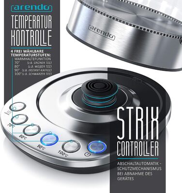 Електричний чайник Arendo з регулюванням температури, підтриманням тепла 30 хв, об'єм 1,5 л, скло Borosilikat, база з нержавіючої сталі, сучасний дизайн