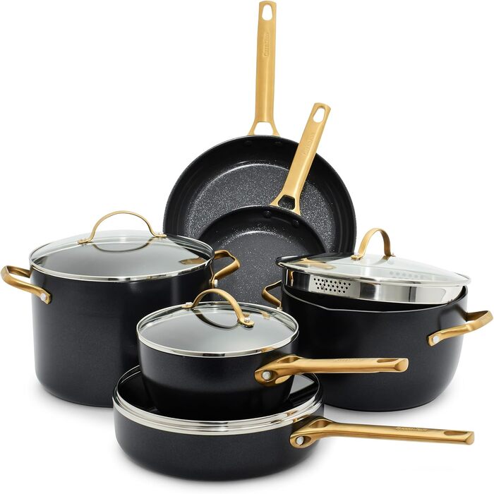GreenPan Reserve Harteloxierte healthy ceramic non-stick coating, 10-piece cookware set, pots and pans set, gold-colored handle, PFAS-free, dishwasher safe, oven safe, black