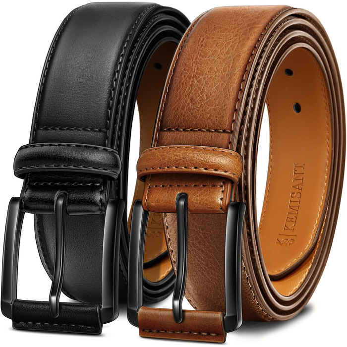 Чоловічий ремінь KEMISANT 2 шт. – шкіряний ремінь для чоловіків, повсякденний, для гольфу, до джинсів, 3,5 см (2 шт., Чорний/Tawny6327, 44-46)