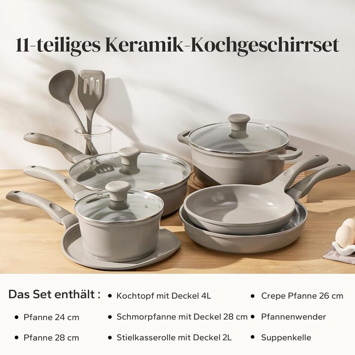 Набір посуду Redchef: 11-ти частинний набір каструль та сковорідок з керамічним покриттям, індукційний, PTFE-free, PFAS-free, для всіх типів плит, стійкий до миття в посудомийній машині (сірий)