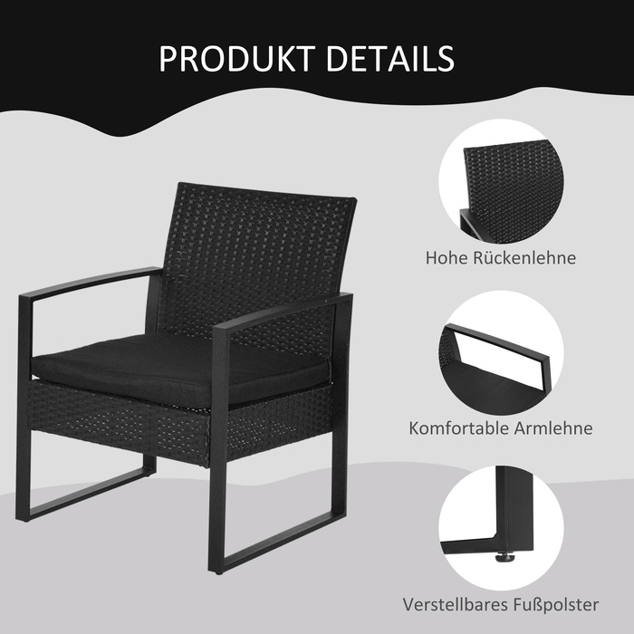 Набір садових меблів Outsunny з ротангу Polyrattan на 2 особи, меблі для балкона з подушками, чорного кольору, стійкі до погодних умов та сучасного дизайну для тераси та саду