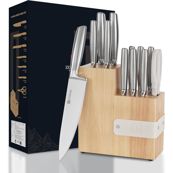 13-Piece Premium Stainless Steel Knife Block Set with Magnetic Storage - Ergonomic Handles, Kitchen Chef's Knife Set, Acacia Wood Block with Leather Strap
