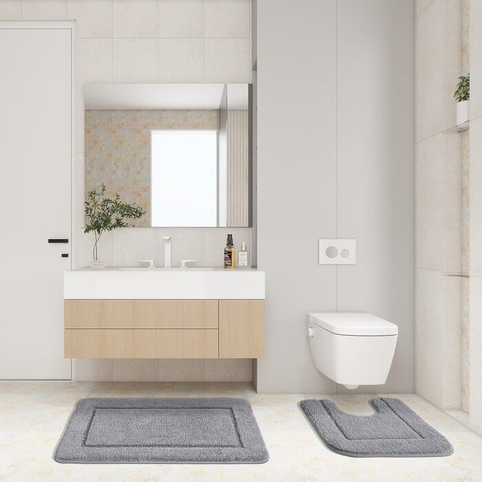 Набір килимків для ванної кімнати SOANNY (2 шт.), мікрофібра, антиковзаючі, швидковисихаючі, сірий. Розміри: 53x86 см та 50x50 см