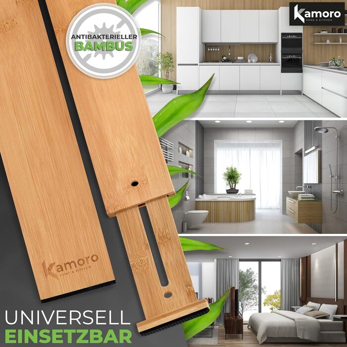 Kamoro Drawer Dividers made of natural bamboo [Set of 4] - With feather for secure hold and furniture-friendly ends - Adjustable drawer organizer between 44 and 56 cm - (Large, Natural)