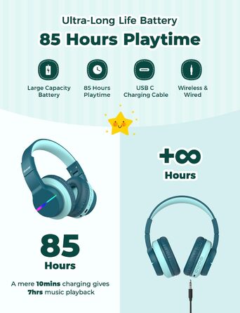 iClever навушники Bluetooth для дітей з LED-підсвіткою, Over-Ear, обмеження гучності 74/85dBA, 85 годин роботи, Bluetooth 5.2, мікрофон, BTH12, зелені