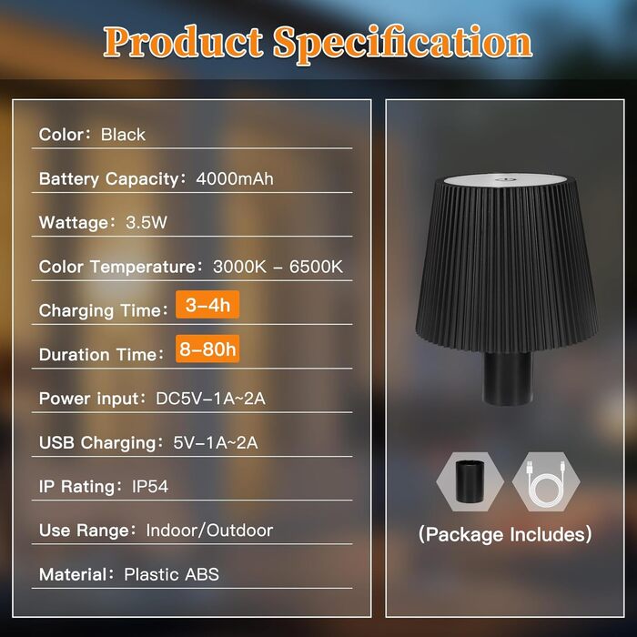 LED-лампа настільна бездротова диммируемая чорна з USB-C, сенсорна лампа з 3 колірними температурами, плавне регулювання яскравості, регульована висота, IP54 вологостійка для внутрішнього/зовнішнього використання (чорний)