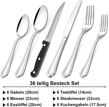 Herogo Cutlery Set for 6 People, 36-Piece Stainless Steel Cutlery Set with Steak Knives, Polished Eating Cutlery Set with Fork, Knife, Spoon for Home Restaurant, Dishwasher Safe (Modern)