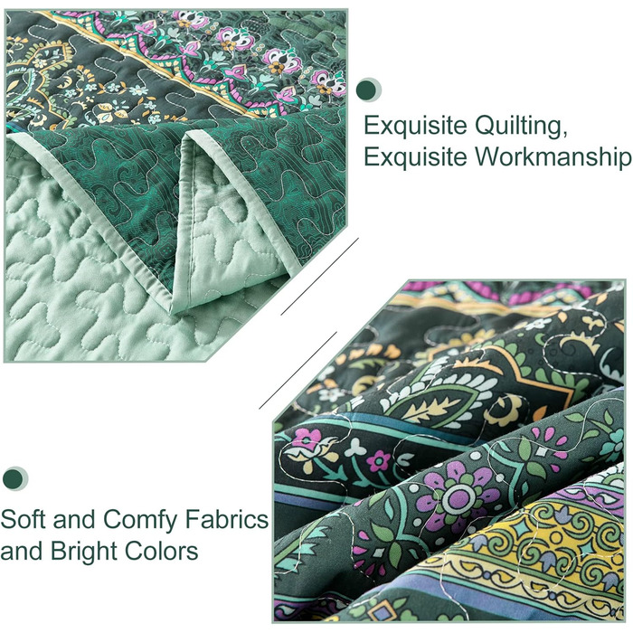 WONGS BEDDING Bedspread 220x240 Bed Throw Bohemian Quilt Steppdecke 3-Piece Double Bed Quilted Bedspread Microfiber Throw Blanket with 2 Pillowcases 50x70 for Bedroom as Sofa Throw (Bohemian) (200x220 cm, Dark Green)
