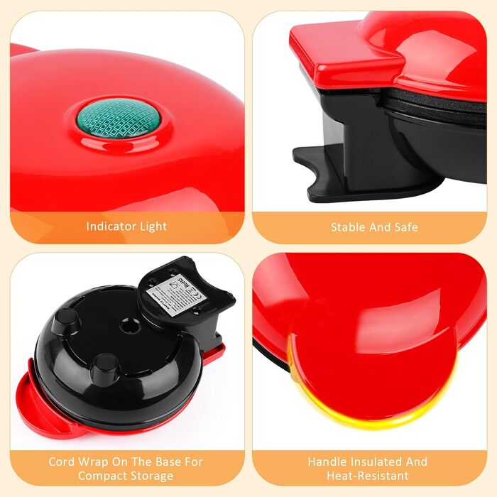 Міні вафельниця для приготування бельгійських вафель, діаметр 10 см, 220V, 350W, червона