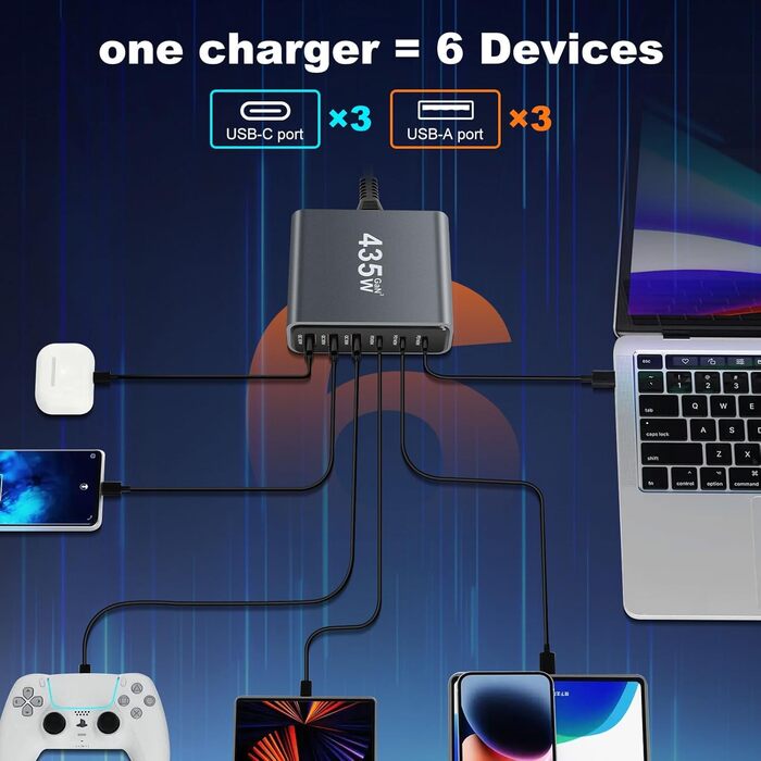 Зарядний пристрій USB-C 435W, 6 портів: швидка зарядка для MacBook Pro/Air, iPad Pro/Air, Samsung та інших – чорний