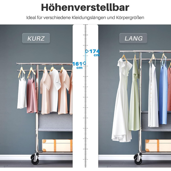 HOKEEPER Clothes Rack with Shelves, 450 kg Capacity, Rolling Clothes Rack, Portable Clothes Hanger, Chrome (D005)
