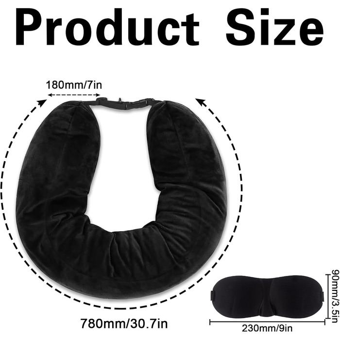 Надувне подушечка для шиї у формі U для подорожей з маскою для очей (чорна)