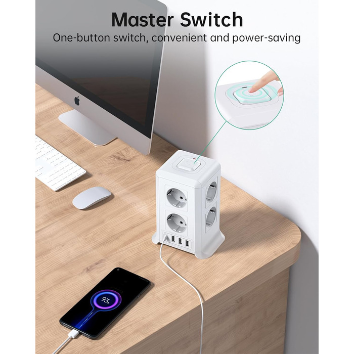 Багаторозкладна мережева панель Sameriver 8-fach з вимикачем, 4 USB, захист від перенапруги, 5 м, біла