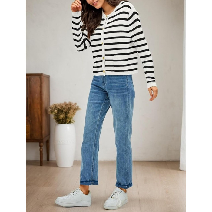 Жакет жіночий короткий з 2 кишенями на ґудзиках, смугастий, в'язаний, кардиган, мода, осінь (L, білий)