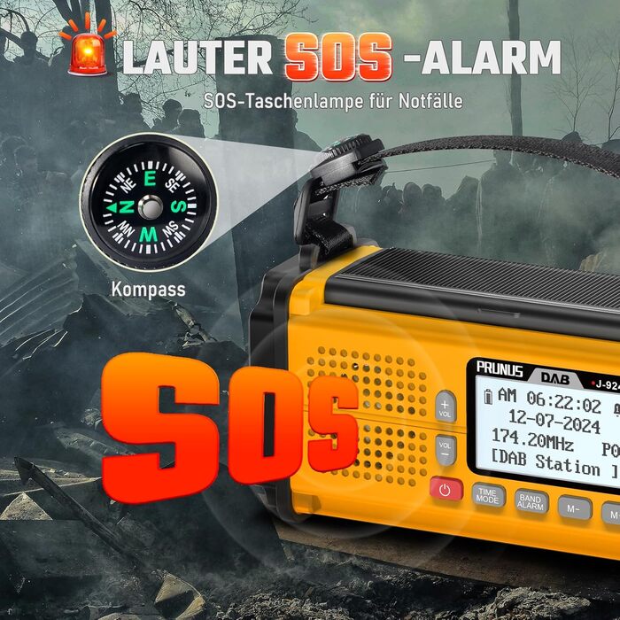 Радіоприймач PRUNUS J-924D: DAB+/UKW, радіо з ручкою, акумулятор 10000mAh, Bluetooth, ліхтарик, SOS, зарядка для телефону (зелений/жовтий)