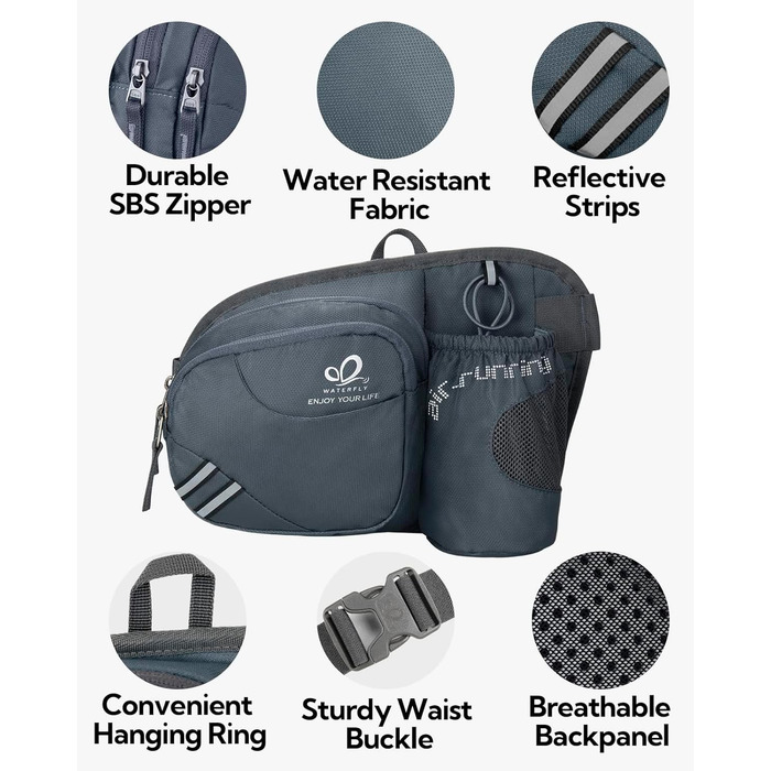 Спортивна поясна сумка Waterfly з тримачем для пляшки, сіра. Для бігу, велоспорту, кемпінгу, подорожей та інших активностей.