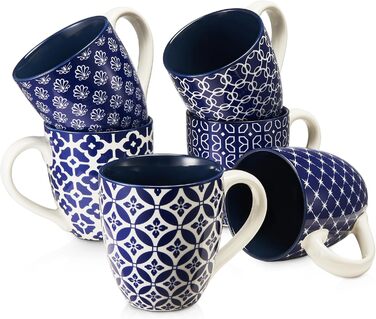 DOWAN Coffee Mug Set, 6 x 560 ml Porcelain Coffee Cups, Large Cups in Chinese Traditional Pattern Style for Coffee, Milk, Tea & Hot Chocolate, Coffee Mug Blue and White