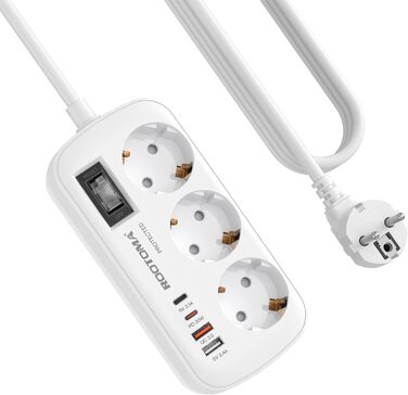 Многорозеткова станція з захистом від перенапруги, 3 розетки, 4 USB (2 USB-C), вимикач, кабель 1,5м, для дому/офісу, білий