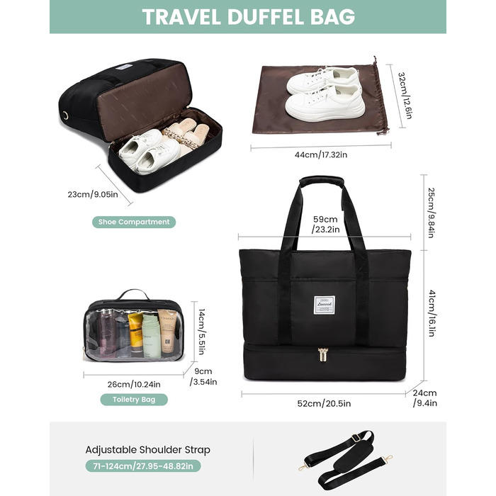 Сумка-рюкзак LOVEVOOK для жінок, 52L, чорна: водонепроникна, з відділенням для взуття, для подорожей, спортзалу та пологів