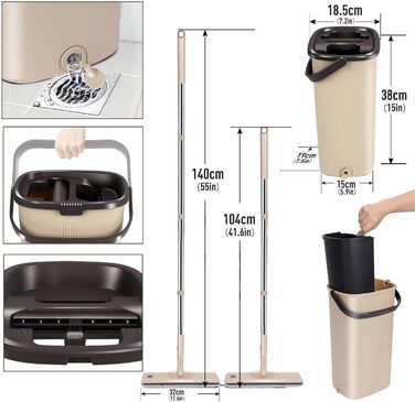 Набір для миття підлоги з відром, Masthome, компактний, з віджимом, 3 мікрофібрових насадок, нержавіюча сталь, 2 в 1, для дерев'яних, плиткових та мармурових підлог (Бежевий)