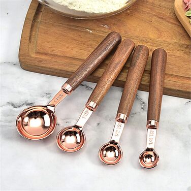 Walnut-Handle Measuring Spoon Set, Copper-Plated Measuring Cups and Spoons, Baking and Cooking Utensils for Kitchen (Color: Gold, Size: Measuring Spoon 4pc)