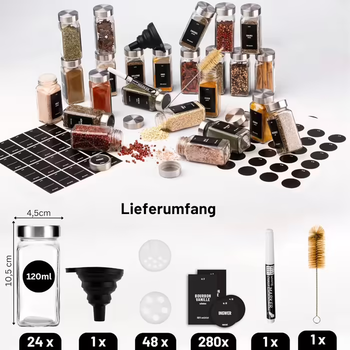Deco haus® Square Spice Jars, Airtight, 24-Piece Set [Includes Labels & Shaker Insert] - Spice Jar Set Glass - Spice Containers - Spice Storage - Spice Organizer - Spice Storage