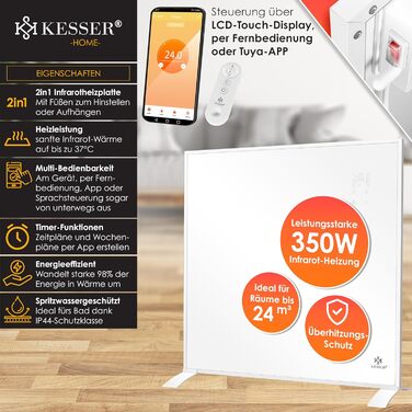 KESSER інфрачервоний обігрівач 350 Вт, електричний, настінний і підлоговий, з термостатом, дистанційним керуванням та керуванням через додаток, енергоощадний, білий