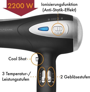 Фен ProfiCare® HTD 3113 чорний з іонізацією 2200W | Легкий туристичний фен з 3 режимами та 2 рівнями швидкості | Cool-Shot, насадка-дифузор та насадка для укладання