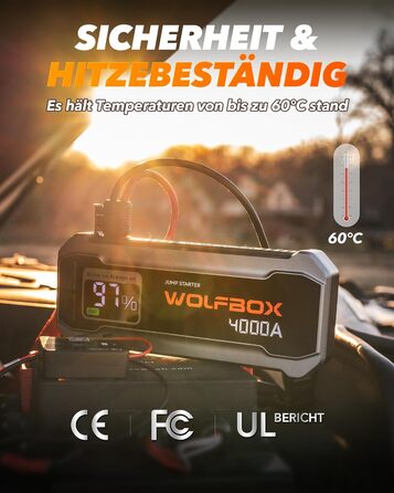 WOLFBOX Powerbank для запуску авто 4000A, 12V, з LED-ліхтарем та великим екраном, для легкових автомобілів, SUV, вантажівок та мотоциклів