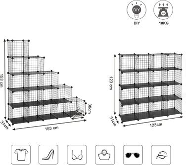 SONGMICS Storage Cubes, 16 Cube Storage System from Metal Wire, DIY, Modular Grid Shelf, with Wire Frame, Black LPI44H