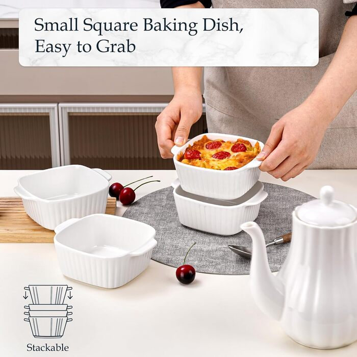 Набір форм для запікання NUTRIUPS 400мл (4 шт.) з кераміки, 14.5 x 11.5 x 5.5 см, квадратні, з ручками, для духовки та мікрохвильовки (білі)